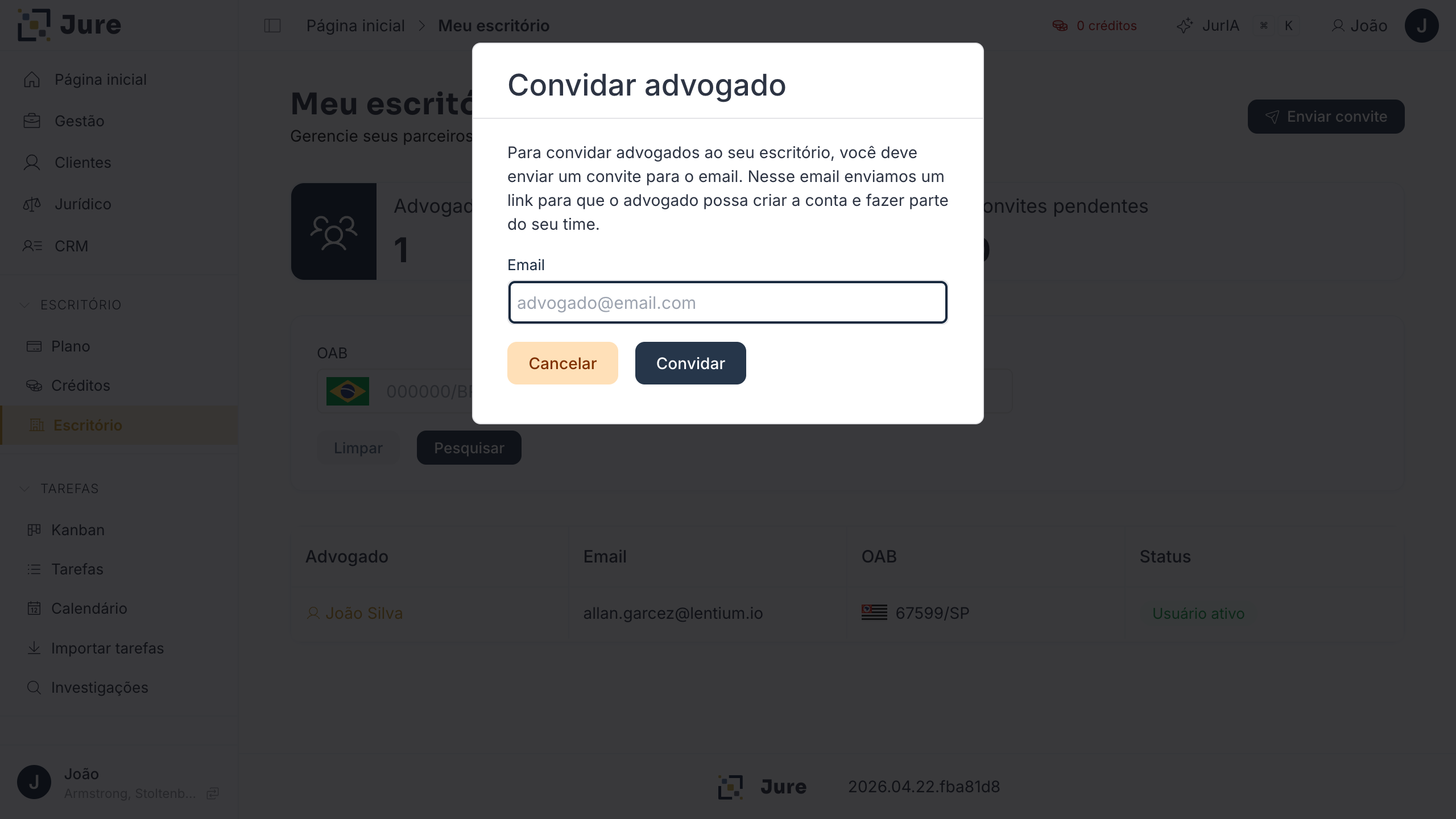 Modal de convite