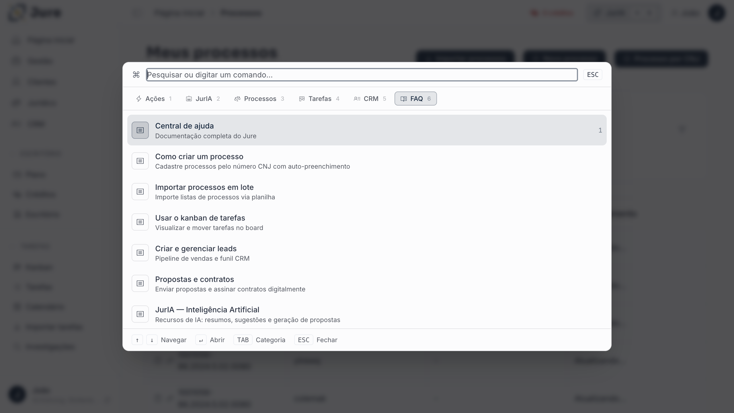 Aba FAQ com lista de artigos da central de ajuda