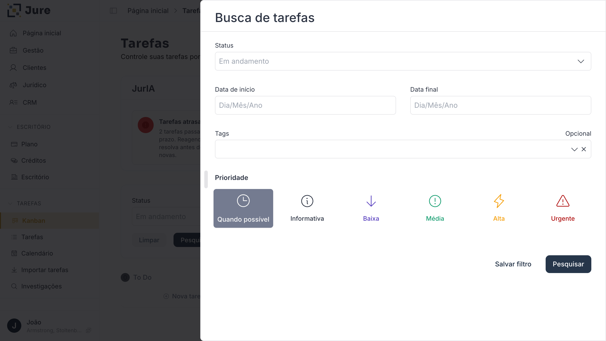 Filtros do Kanban