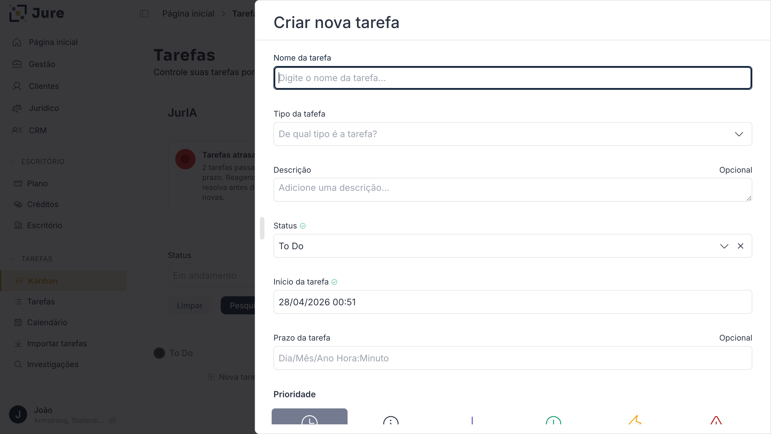 Modal de nova tarefa