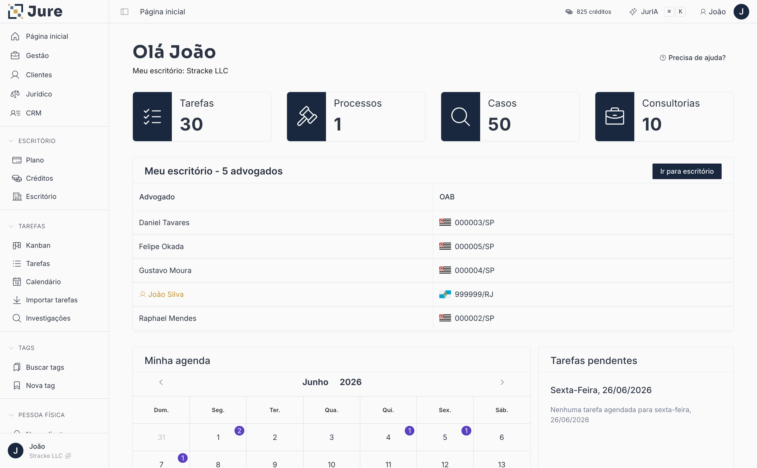 Tela do dashboard do Jure com casos, prazos e tarefas no fluxo de operação